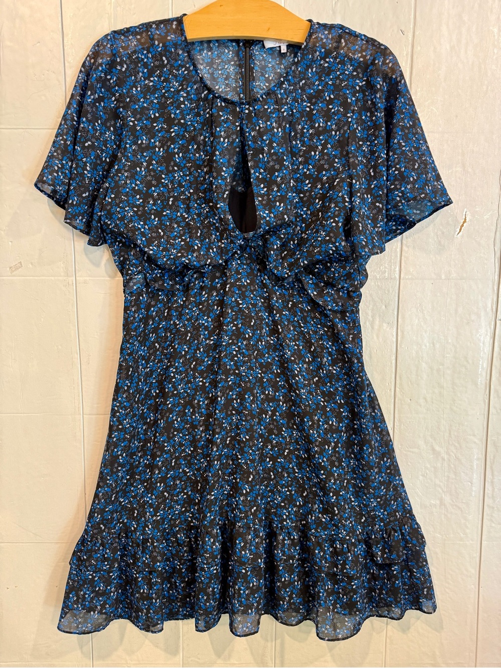 Parker Black Feminine Dress with Blue Floral Print Lined Flutter Sleeves